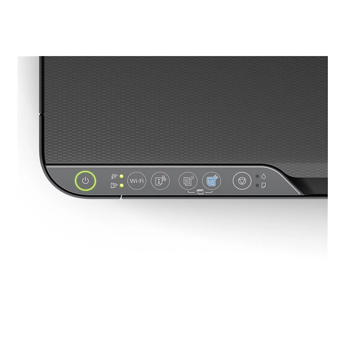 Detailansicht eines Druckers, zeigt das Bedienfeld mit den Symbolen für Power, Wi-Fi und Tintenstand.