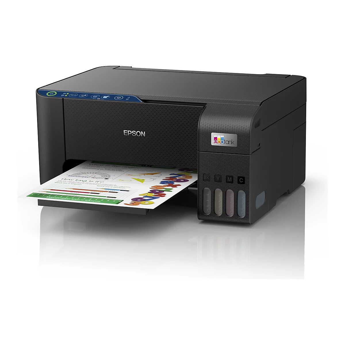 Imprimante noire imprimant une feuille avec des graphiques colorÃ©s. Logo EPSON clairement visible.