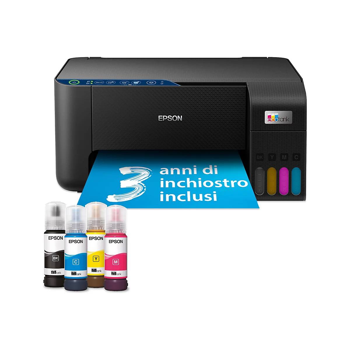Imprimante Epson noire, panneau publicitaire bleu avec texte, bouteilles d'encre.