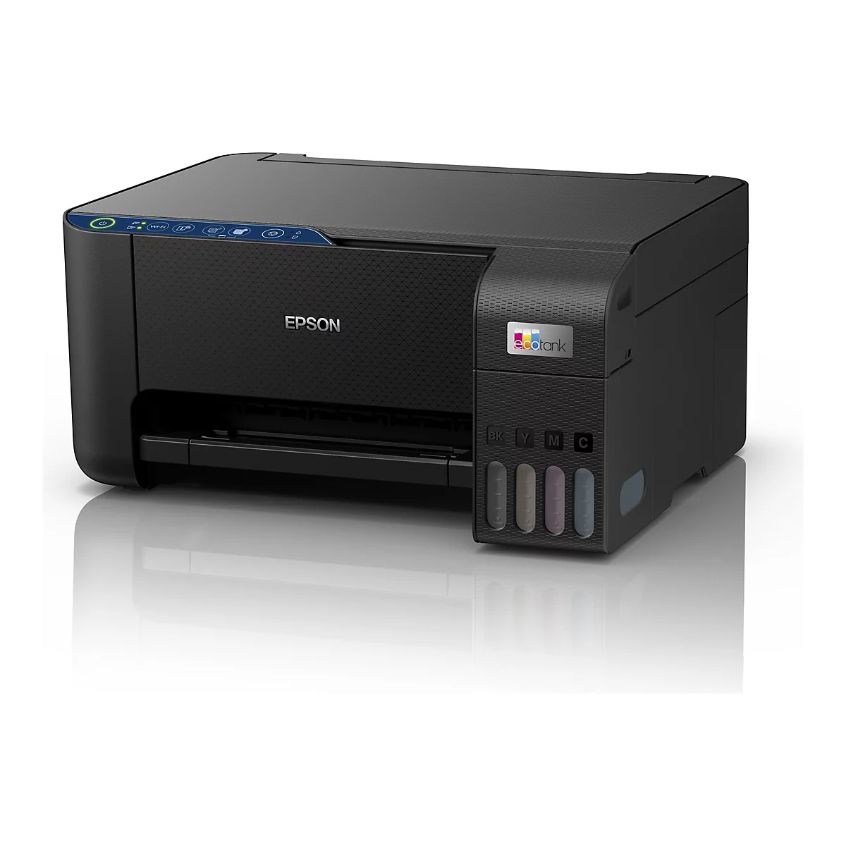 Imprimante Epson noire, modÃ¨le EcoTank. Accents bleus, logo Epson. Indicateur de niveau d'encre.
