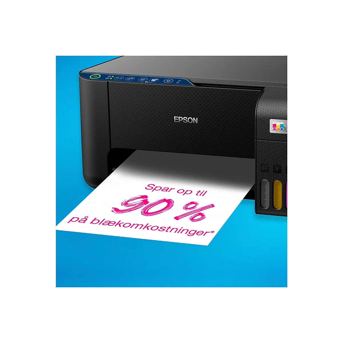 Ein schwarzer Epson-Drucker druckt ein Blatt Papier. Auf dem Papier steht in pinker Schrift "Spar op til 90% på blækomkostninger*". Der Drucker hat eine Tintenpatrone.