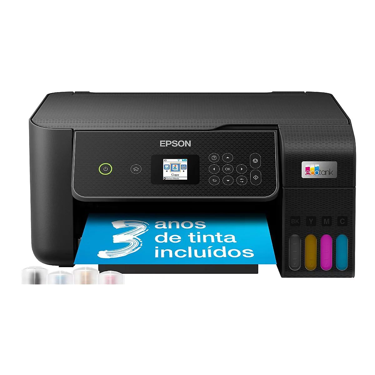 Schwarzer Epson EcoTank-Drucker. Auf blauem Papier steht die Zahl 3 und der Text 'anos de tinta incluidos'.
