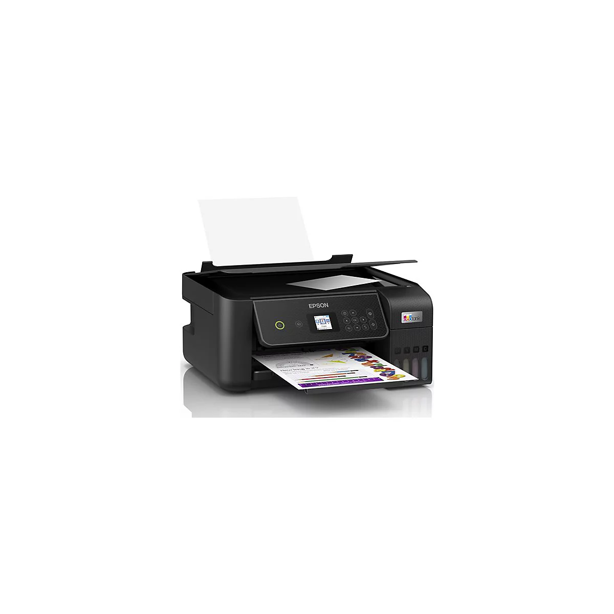 Schwarzer Drucker, bedruckt ein Blatt Papier, auf dem farbige Grafiken abgebildet sind. Ein weisses Papier ragt aus der Papierausgabe heraus.