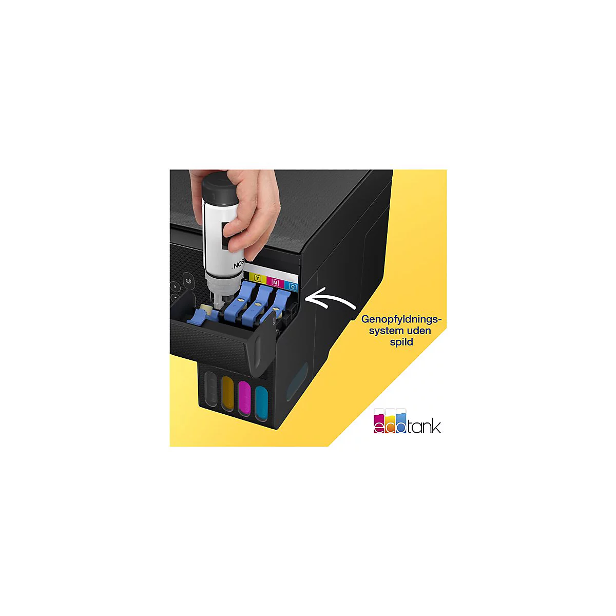 Eine Hand befÃ¼llt einen Drucker mit Tinte. Aufschrift: Genopfyldningssystem uden spild.
