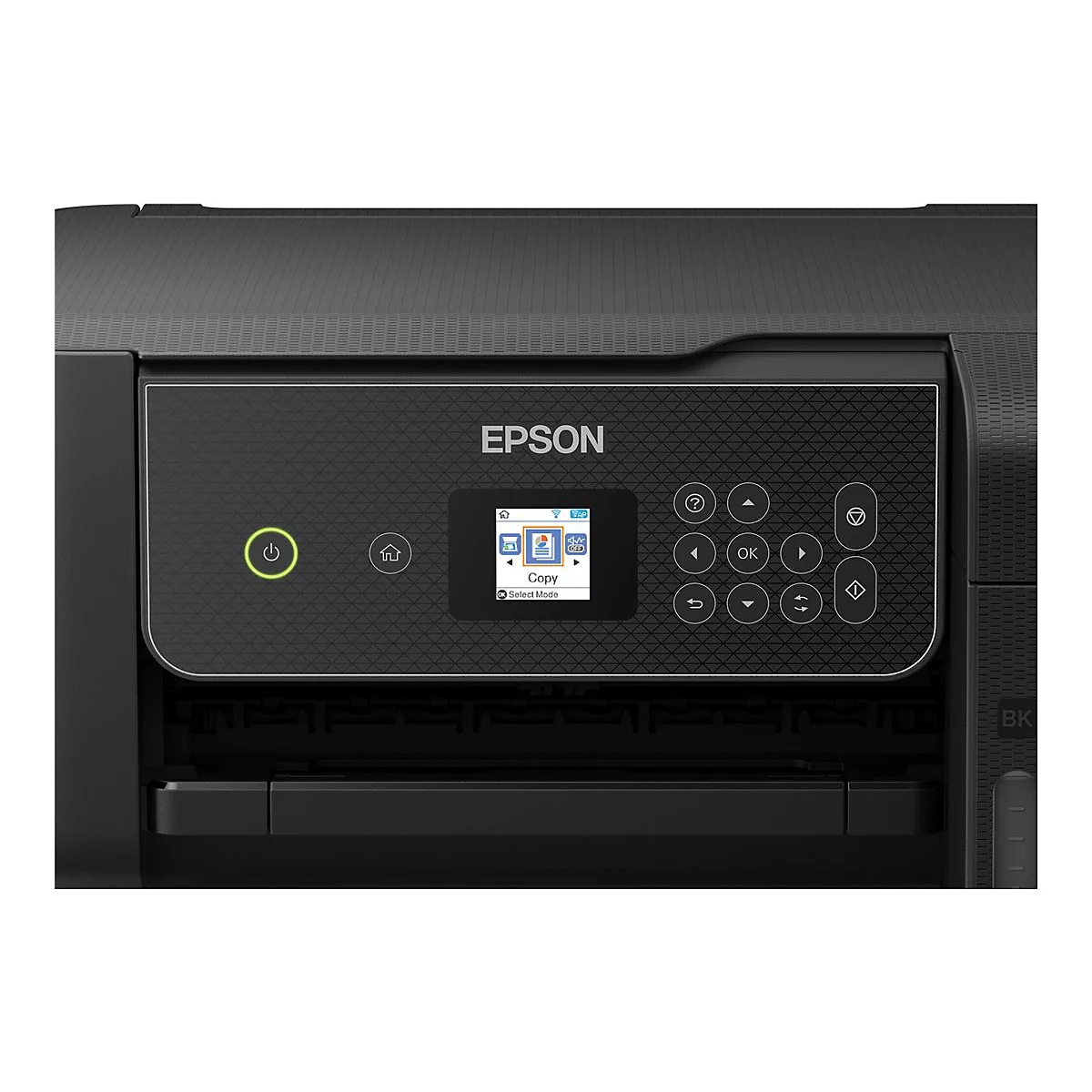 Detailaufnahme eines schwarzen EPSON-Druckers mit Bedienfeld und kleinem Display. Auf dem Display ist die Option 'Kopieren' ausgewählt.