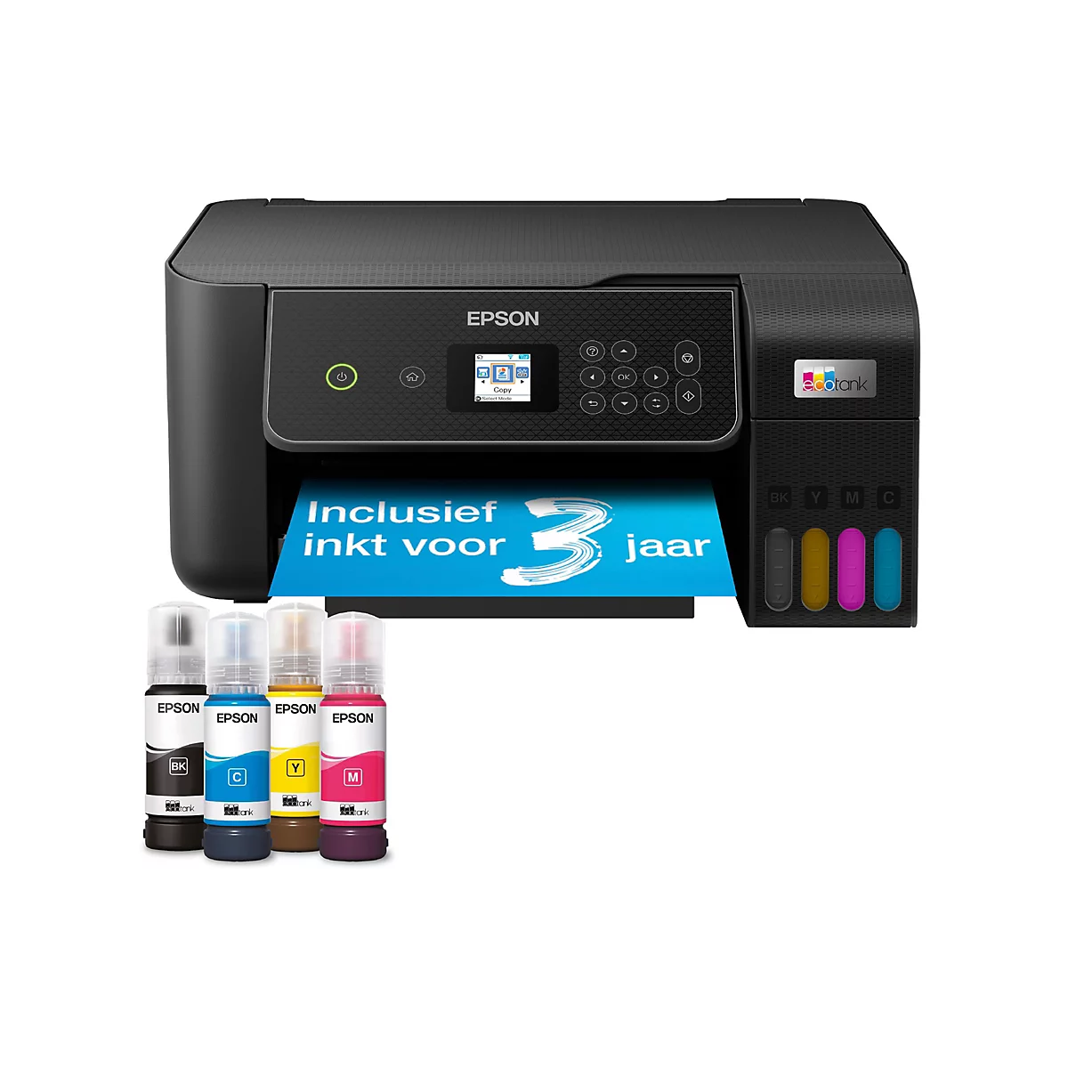 Schwarzer Epson EcoTank-Drucker mit Nachfülltintenflaschen.