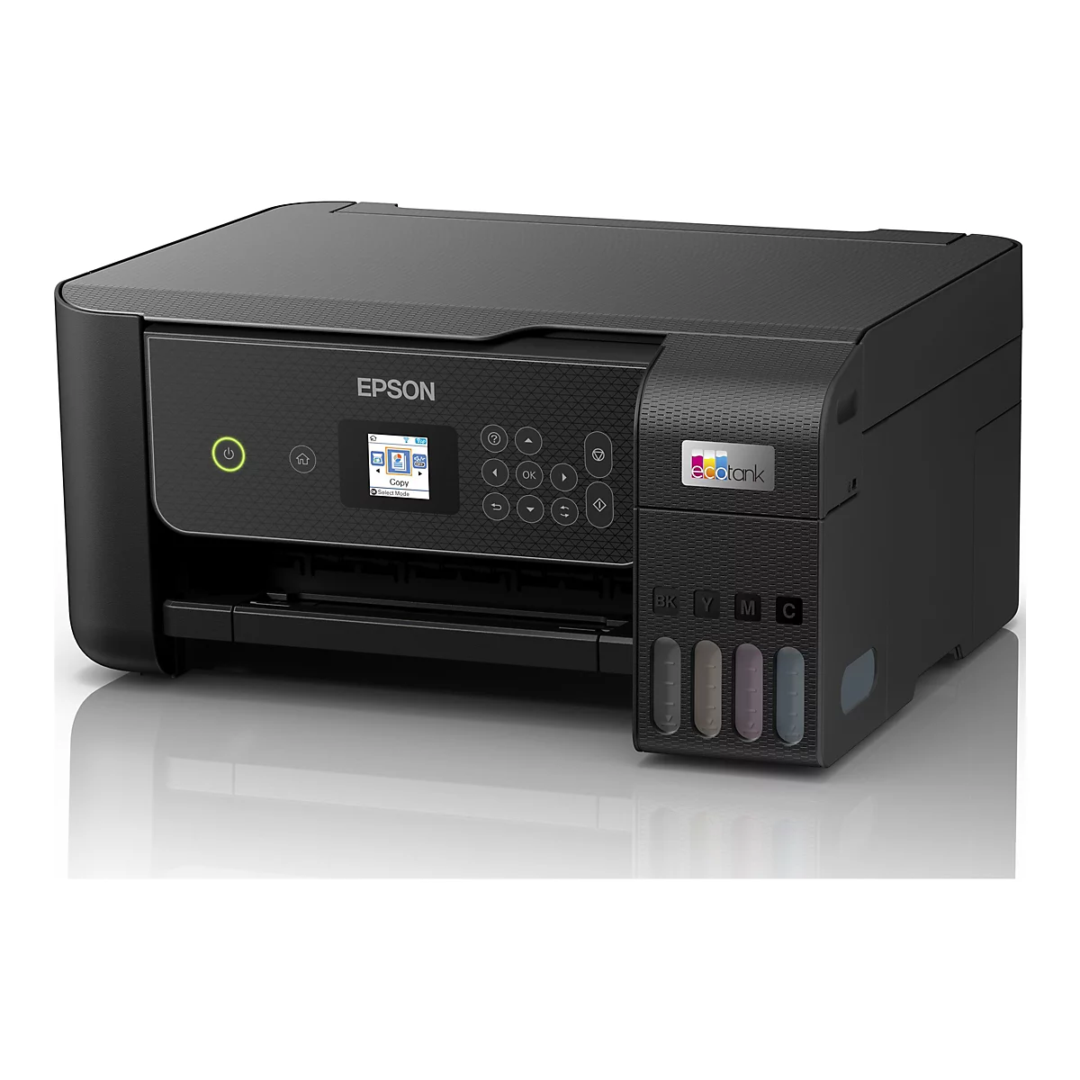 Ein schwarzer Epson EcoTank-Drucker mit einem kleinen Bildschirm und Bedienknöpfen. Tintenstände sind sichtbar.