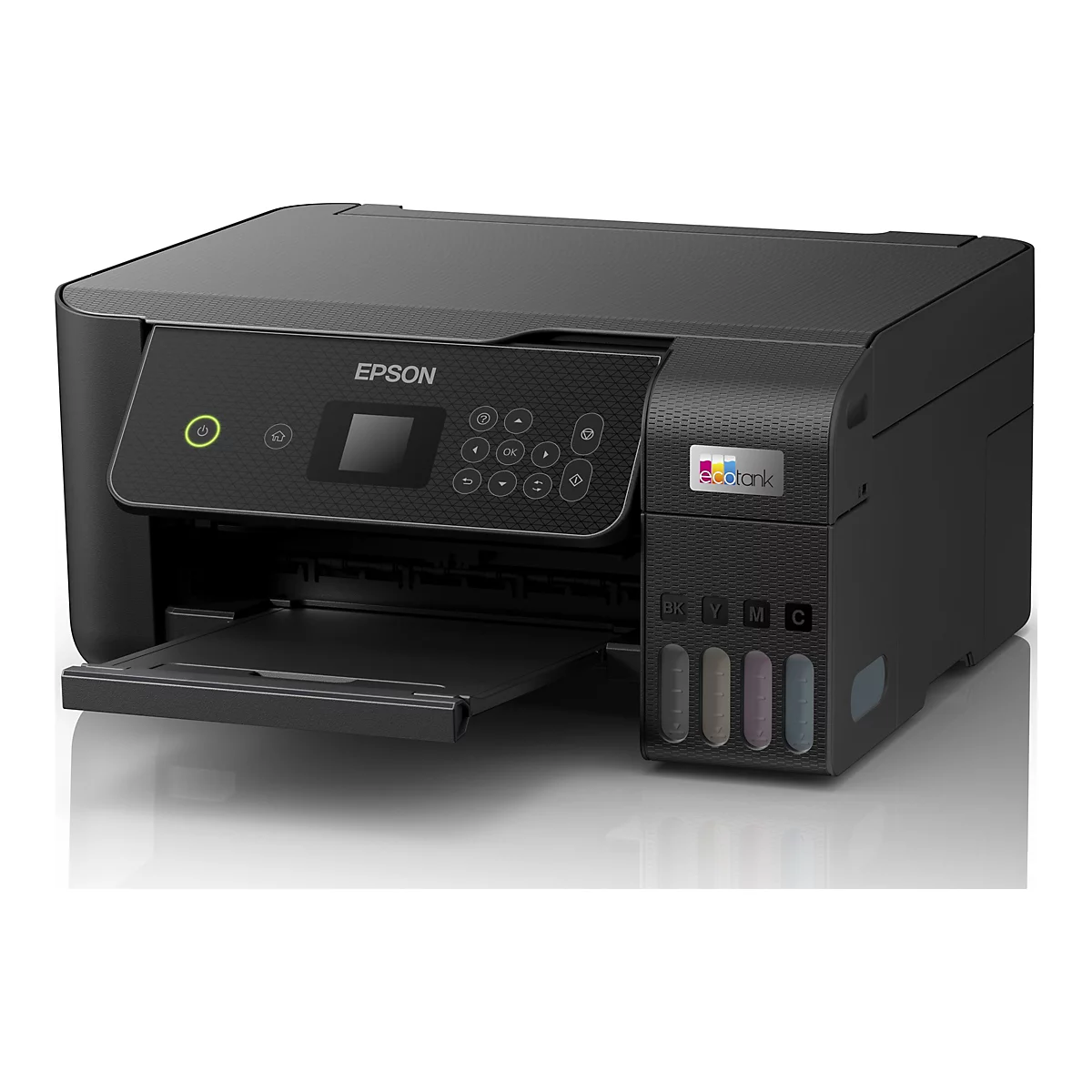 Schwarzer Drucker mit Bedienfeld und Epson-Logo, Papierschublade ausgezogen, EcoTank-Label.
