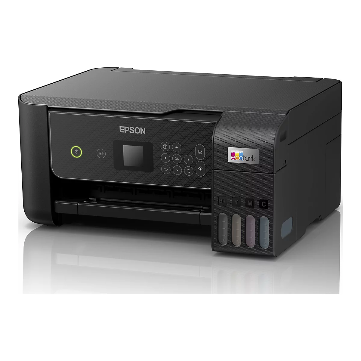 Schwarzer Epson EcoTank-Drucker. Auf der Oberseite befindet sich das Epson-Logo. Auf der Vorderseite sind die Bedienknöpfe und ein kleines Display zu sehen. Rechts sind die Tintenbehälter.