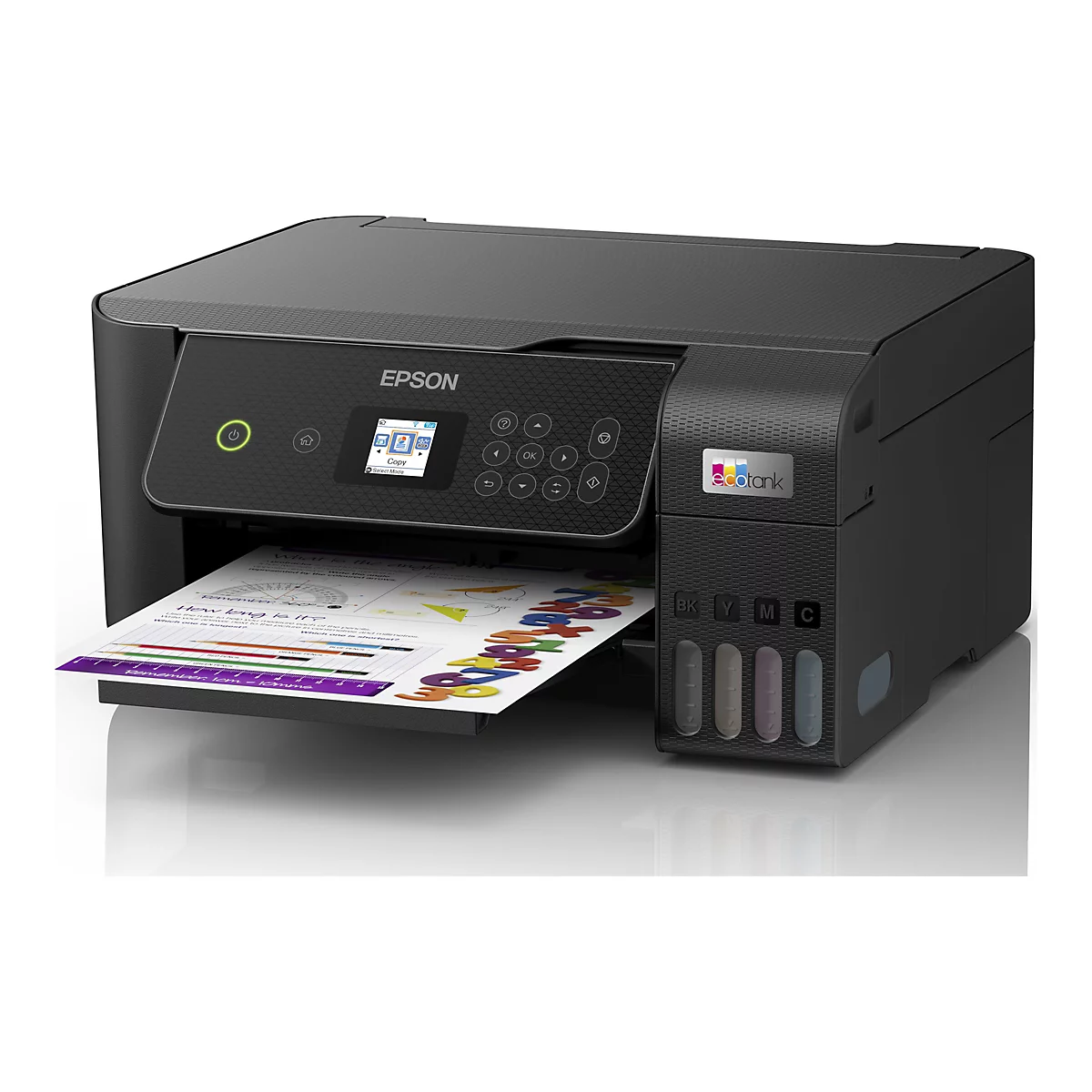 Ein schwarzer Epson-Multifunktionsdrucker. Auf dem Display ist ein Menü mit der Option „Kopie“ zu sehen. Ein Blatt mit farbigen Buchstaben und Messlinien wird gedruckt.