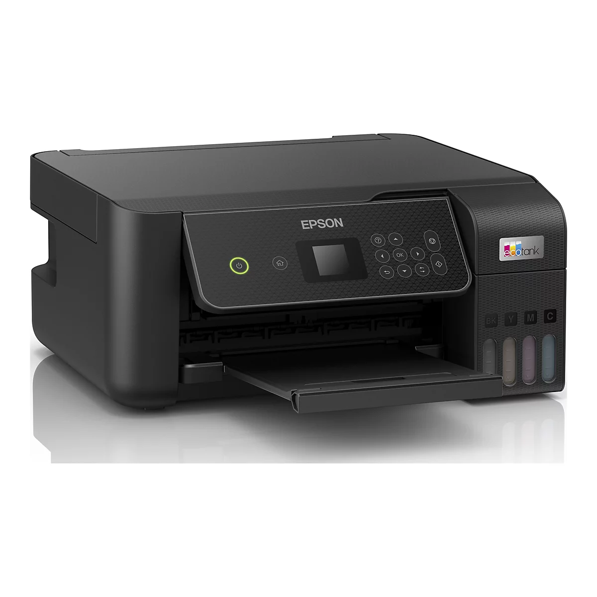 Schwarzer Tintenstrahldrucker, Marke Epson, mit Bedienfeld, LCD-Display, und geöffnetem Papierfach.