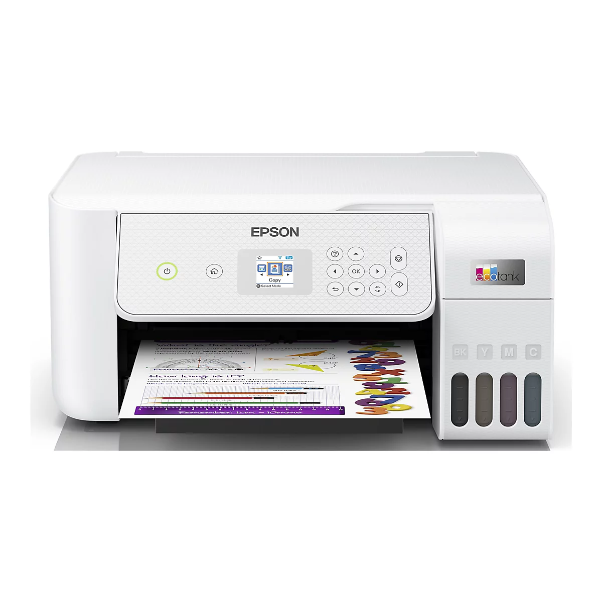 Weißer Epson EcoTank-Drucker mit einem gedruckten Blatt Papier. Auf dem Papier sind bunte Buchstaben und Zahlen sowie ein Text mit Winkeln abgebildet.