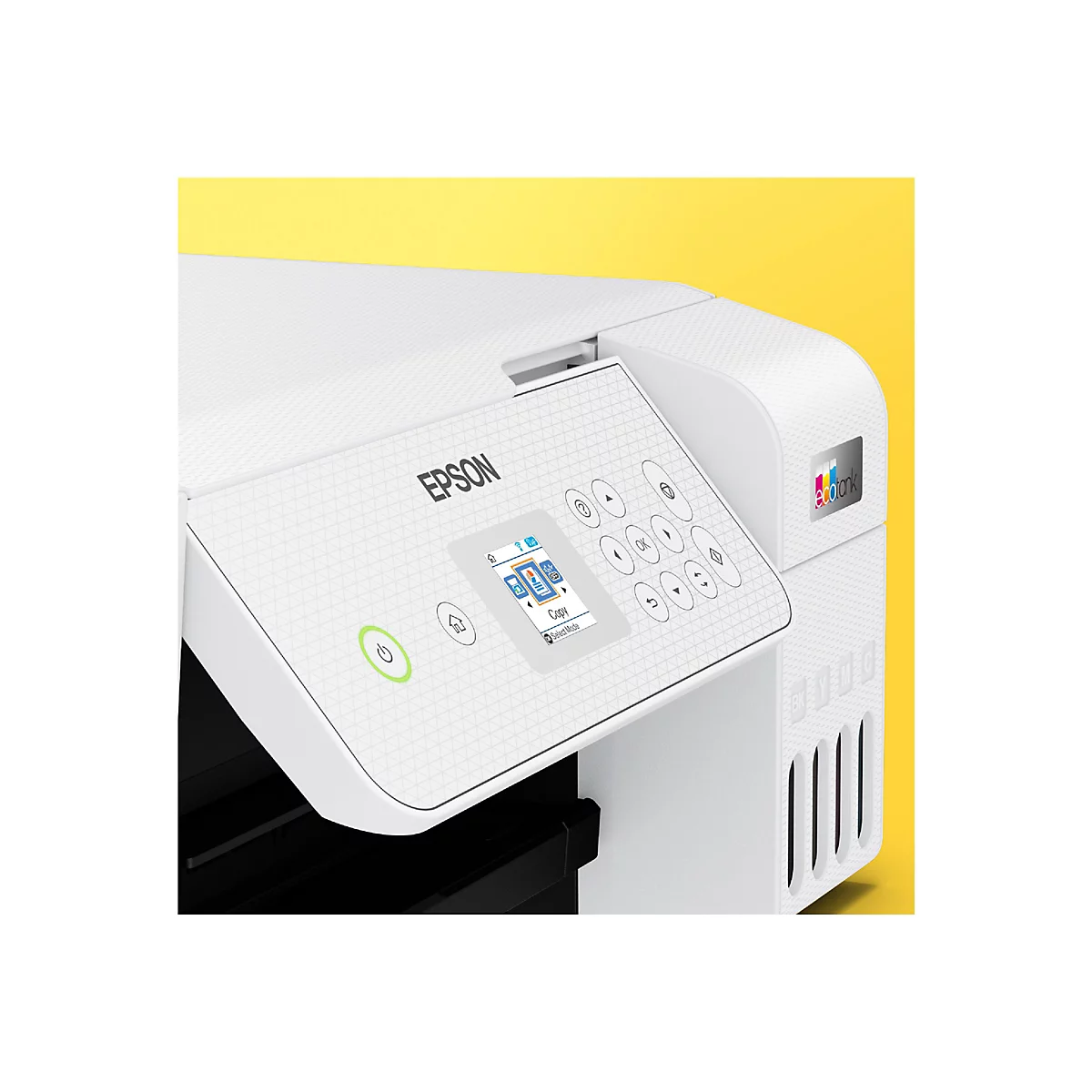 Ein weißer Drucker mit blauem Display. Auf dem Display ist die Kopierfunktion ausgewählt. Rechts befindet sich ein Bedienfeld mit Pfeiltasten und eine Taste mit einem Häkchen.