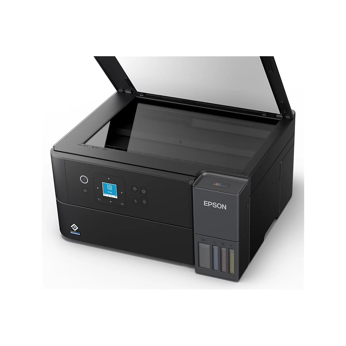 Schwarzer Epson-Multifunktionsdrucker mit geöffnetem Deckel. Auf der Seite sind Tintenbehälter sichtbar.