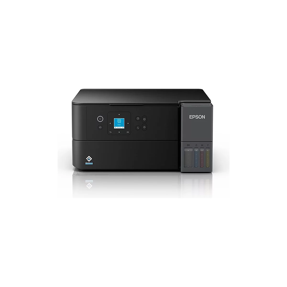 Schwarzer Epson EcoTank-Drucker. Auf der Oberseite befinden sich Knöpfe und ein kleines Display. Rechts sind Tintenbehälter mit farbiger Tintenanzeige.