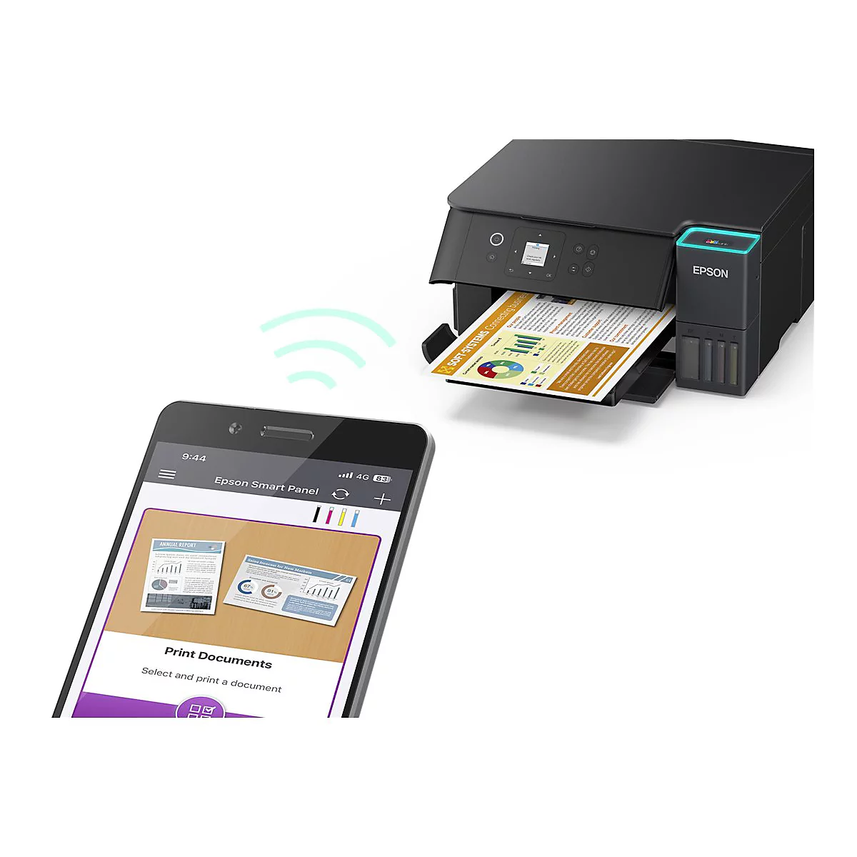 Schwarzer Drucker druckt ein Dokument, während ein Smartphone die Epson Smart Panel App zeigt. WLAN-Symbole verdeutlichen die drahtlose Verbindung.