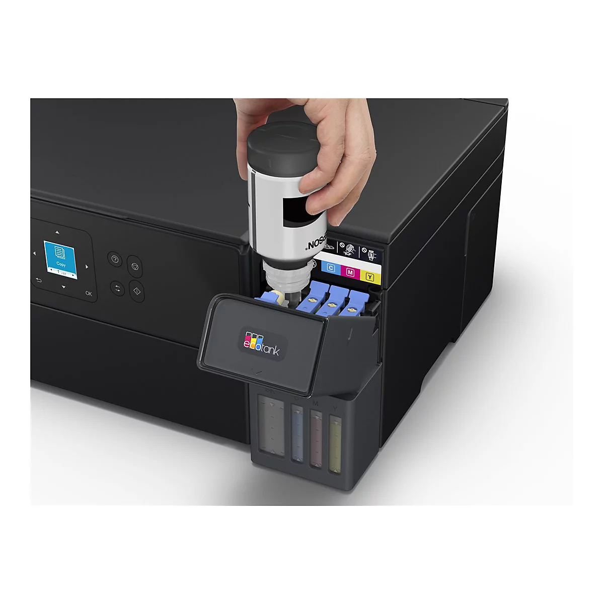 Person füllt Drucker mit Tinte nach. Schwarzer Drucker, Tintenbehälter mit 'EcoTank' Aufdruck.