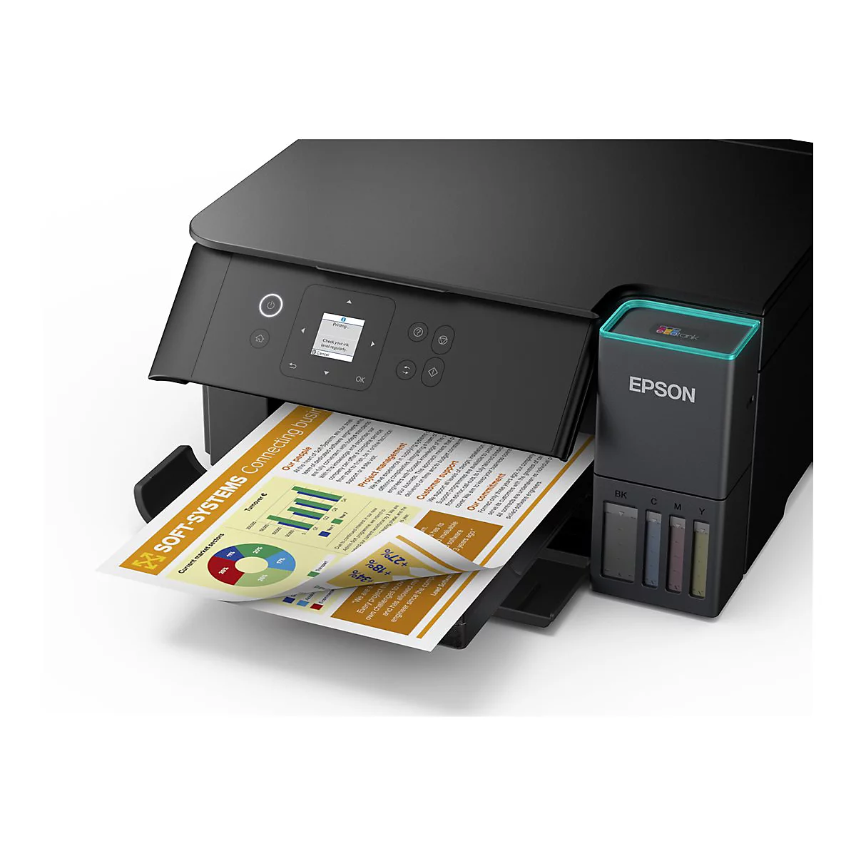 Schwarzer Drucker von Epson druckt Papier mit Grafiken und Text. Auf dem Drucker ist ein Bildschirm zu sehen.