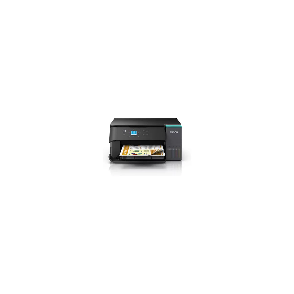 Schwarzer Epson-Drucker, ein Blatt Papier mit Diagrammen wird gedruckt.