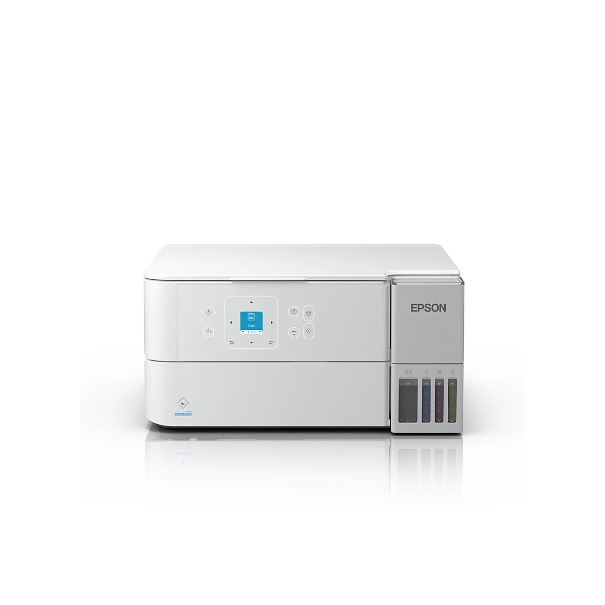 Ein weißer Epson-Drucker mit farbigen Tintenbehältern. Auf der Vorderseite befindet sich ein Display mit der Option "Kopieren".
