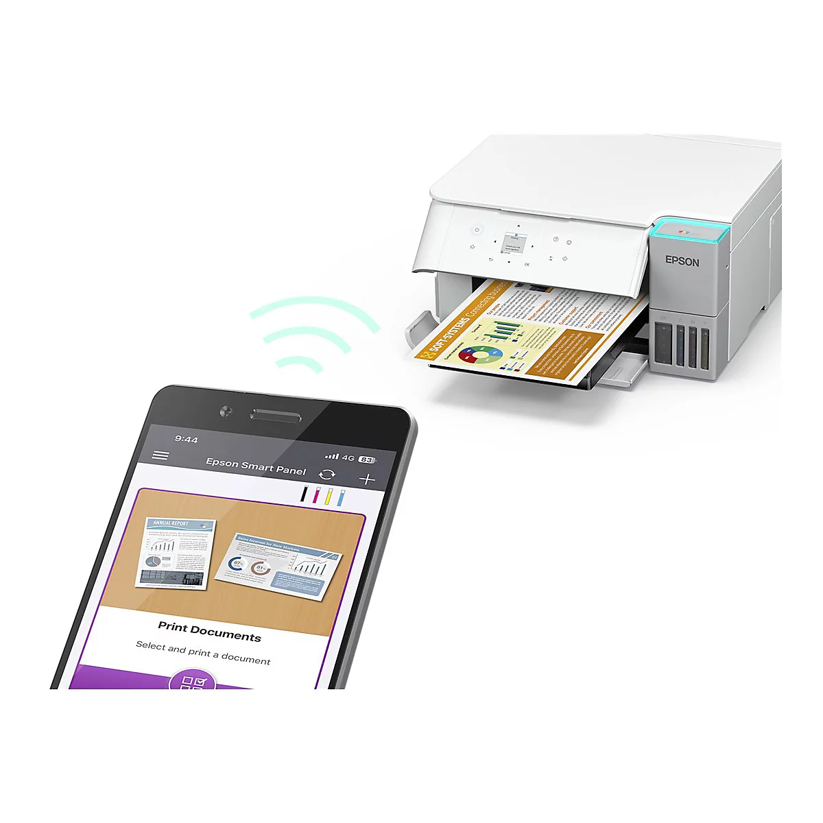 Une imprimante imprime un document, connectée à un smartphone. Des options sont affichées à l'écran, et le logo Epson est visible.