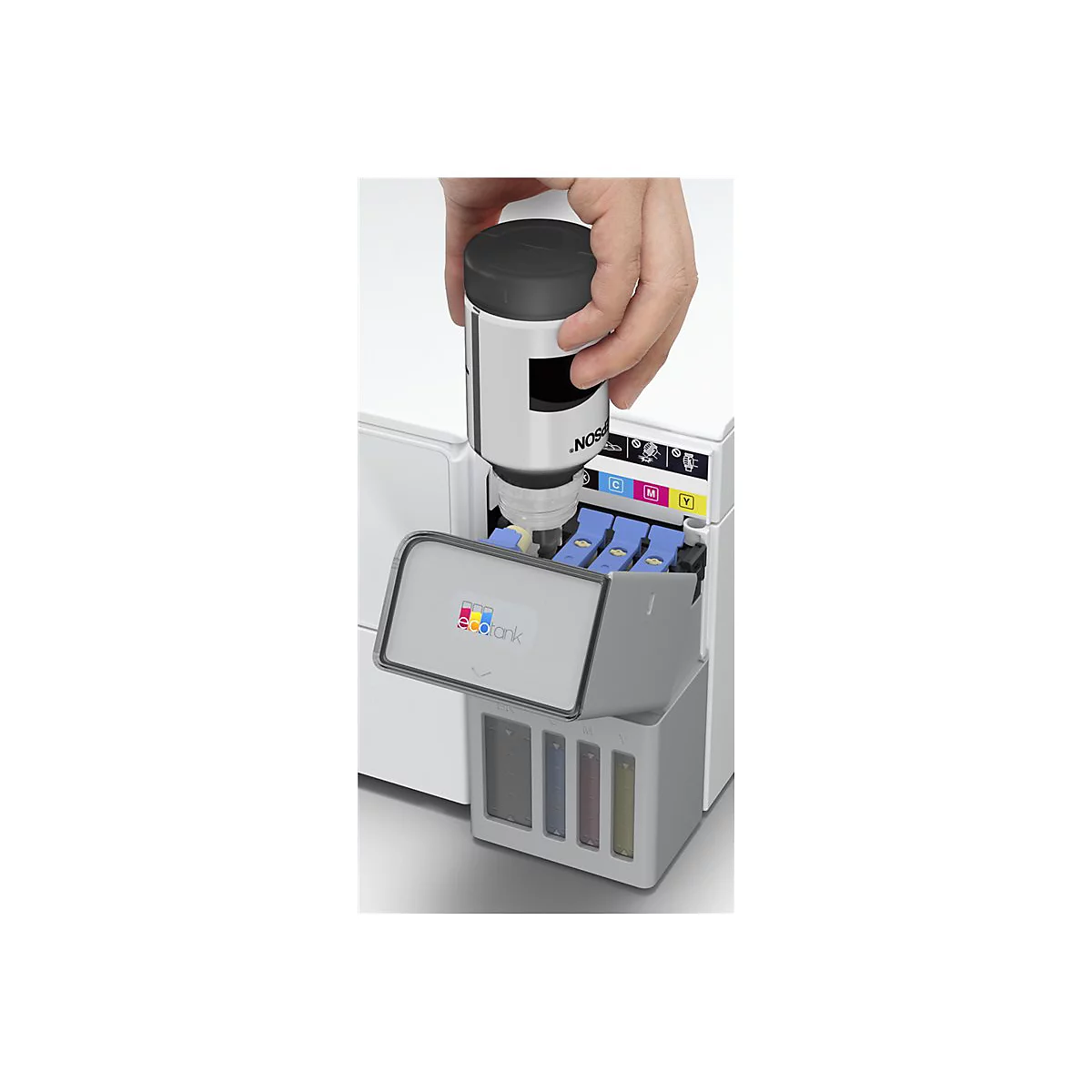 Une main remplit une imprimante avec un flacon d'encre.