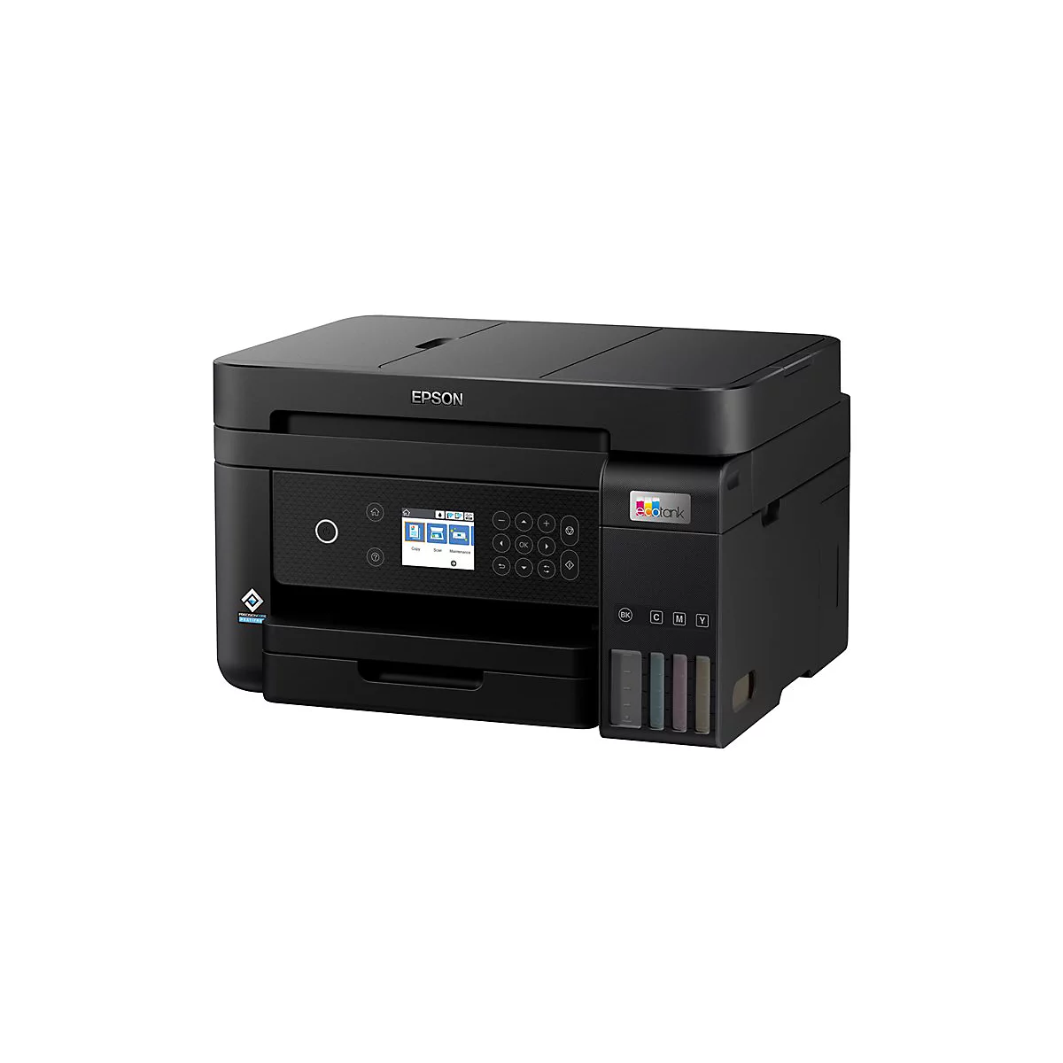Schwarzer Epson Drucker mit Bedienfeld und TintenbehÃ¤ltern.