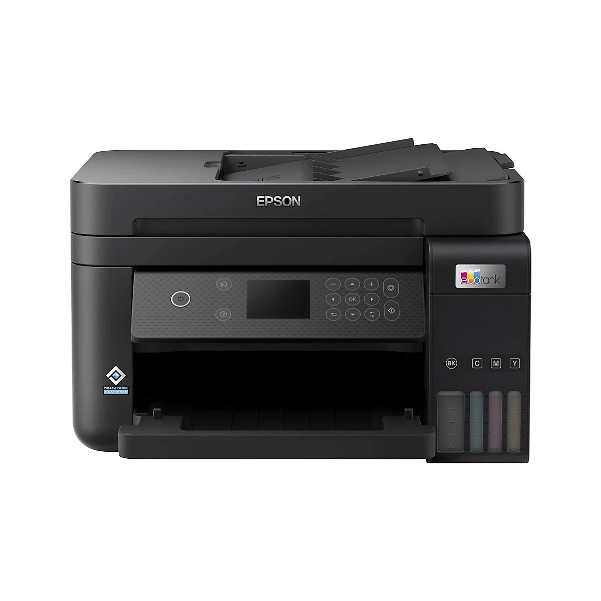 Schwarzer Epson EcoTank Drucker mit geÃ¶ffnetem Papierfach und geÃ¶ffneter Abdeckung oben. Tastenfeld, Display und Tintenstandsanzeige sind sichtbar.
