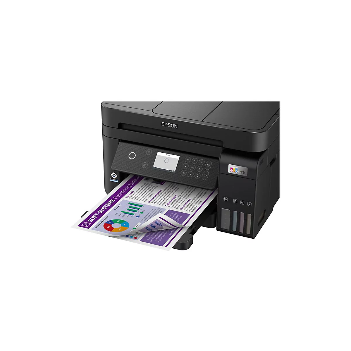 Schwarzer Drucker mit ausgegebenem Blatt. Darauf Diagramme und Schriftzug SOFT-SYSTEMS.