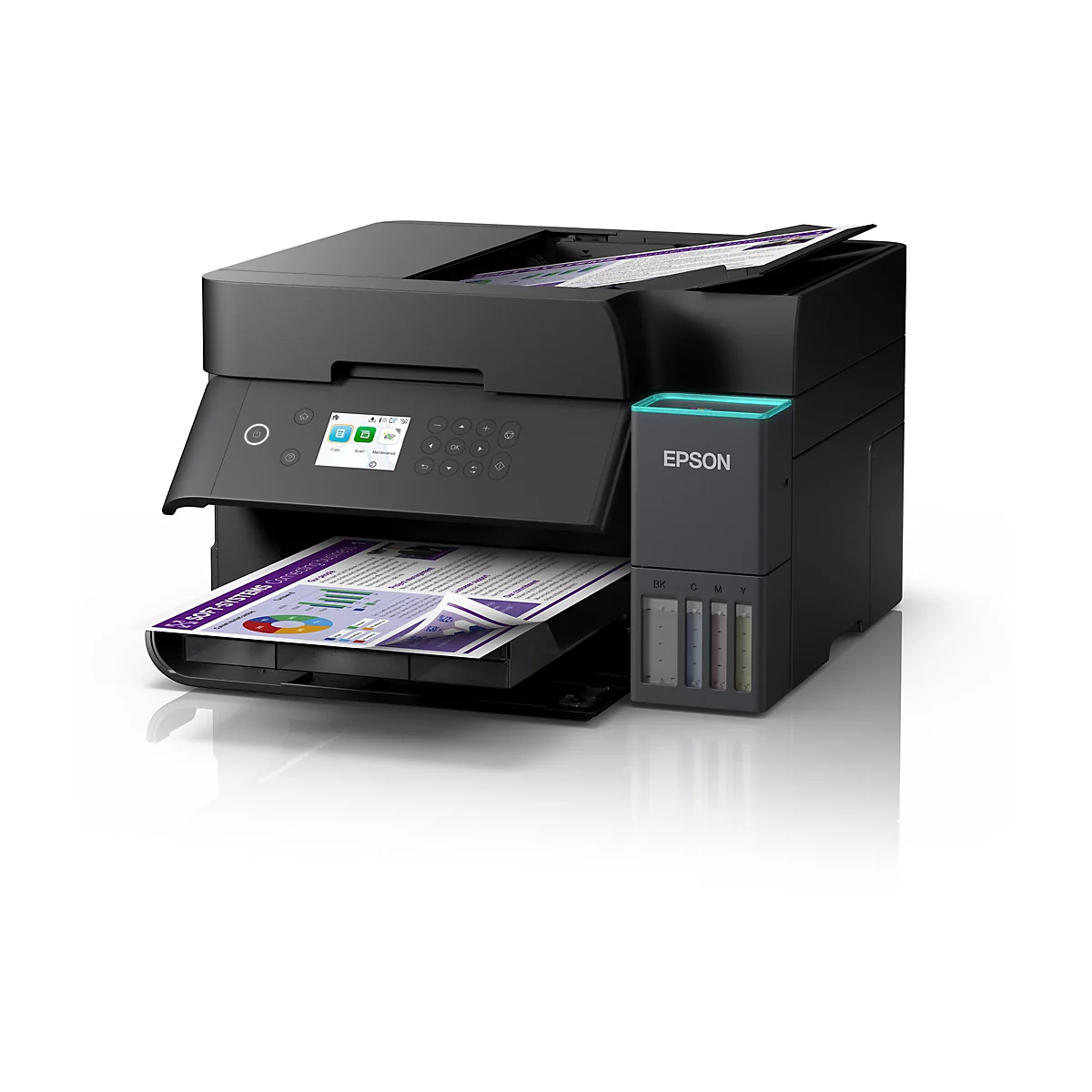 Schwarzer Tintenstrahldrucker, der eine gedruckte Seite ausgibt. Auf der Seite ist ein Diagramm zu sehen. Der Drucker hat das Epson-Logo.