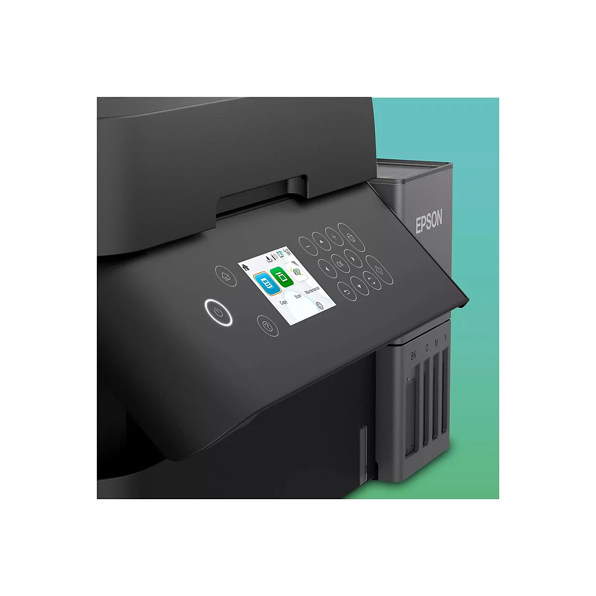 Gros plan d'une imprimante Epson noire avec un écran et des boutons de commande. L'écran affiche des icônes et des options telles que "Copier", "Scanner" et "Maintenance".