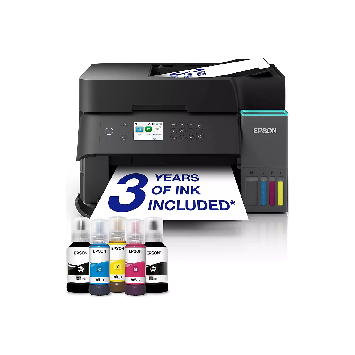 Imprimante Epson noire avec 3 ans d'encre inclus. Réservoirs d'encre couleur et bouteilles d'encre au premier plan. Une feuille avec l'offre est affichée sur l'imprimante.