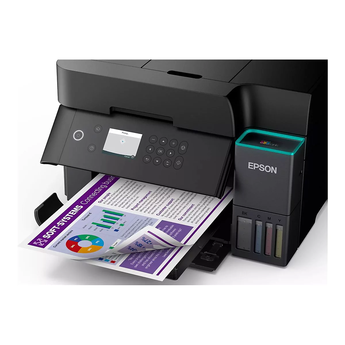 Une imprimante à jet d'encre Epson noire imprime un diagramme coloré. L'écran indique : Impression. L'imprimante dispose d'un réservoir d'encre externe.