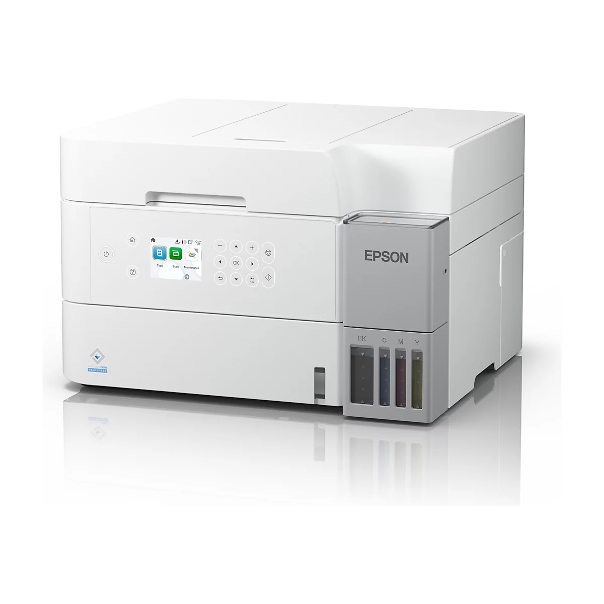 Ein weißer Drucker der Marke Epson. Auf dem Bedienfeld befinden sich Symbole für Kopieren, Scannen und Wartung. Links unten befindet sich das Logo "PRECISIONCORE HEAT-FREE".