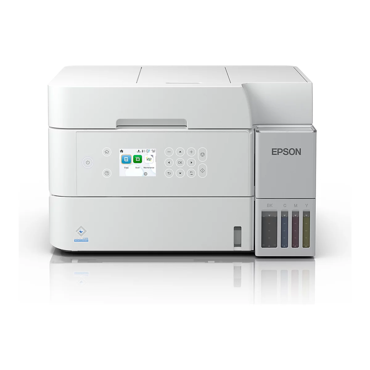 Hellgrauer Tintenstrahldrucker, Bedienelemente mit Display, darunter die Funktionen Kopieren, Scannen und Wartung, links ein Power-Button.