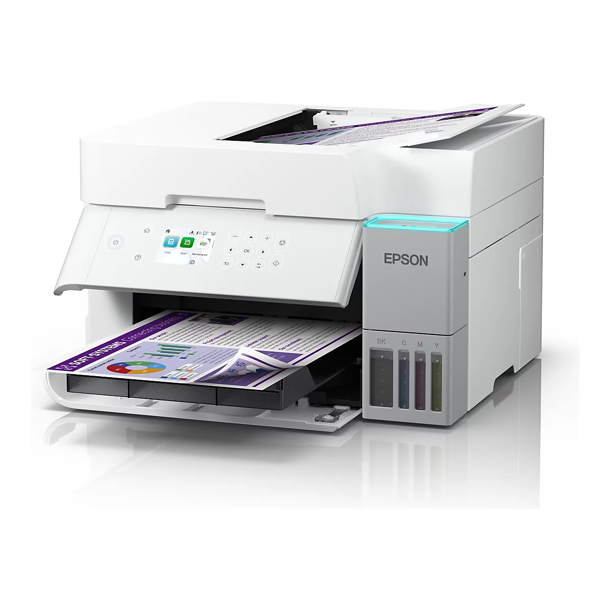 Weißer Drucker mit Bedienfeld und Papierauswurf. Ein Ausdruck mit Diagrammen liegt im Ausgabefach. Der Drucker hat einen grauen Bereich mit den Tintenfarben.