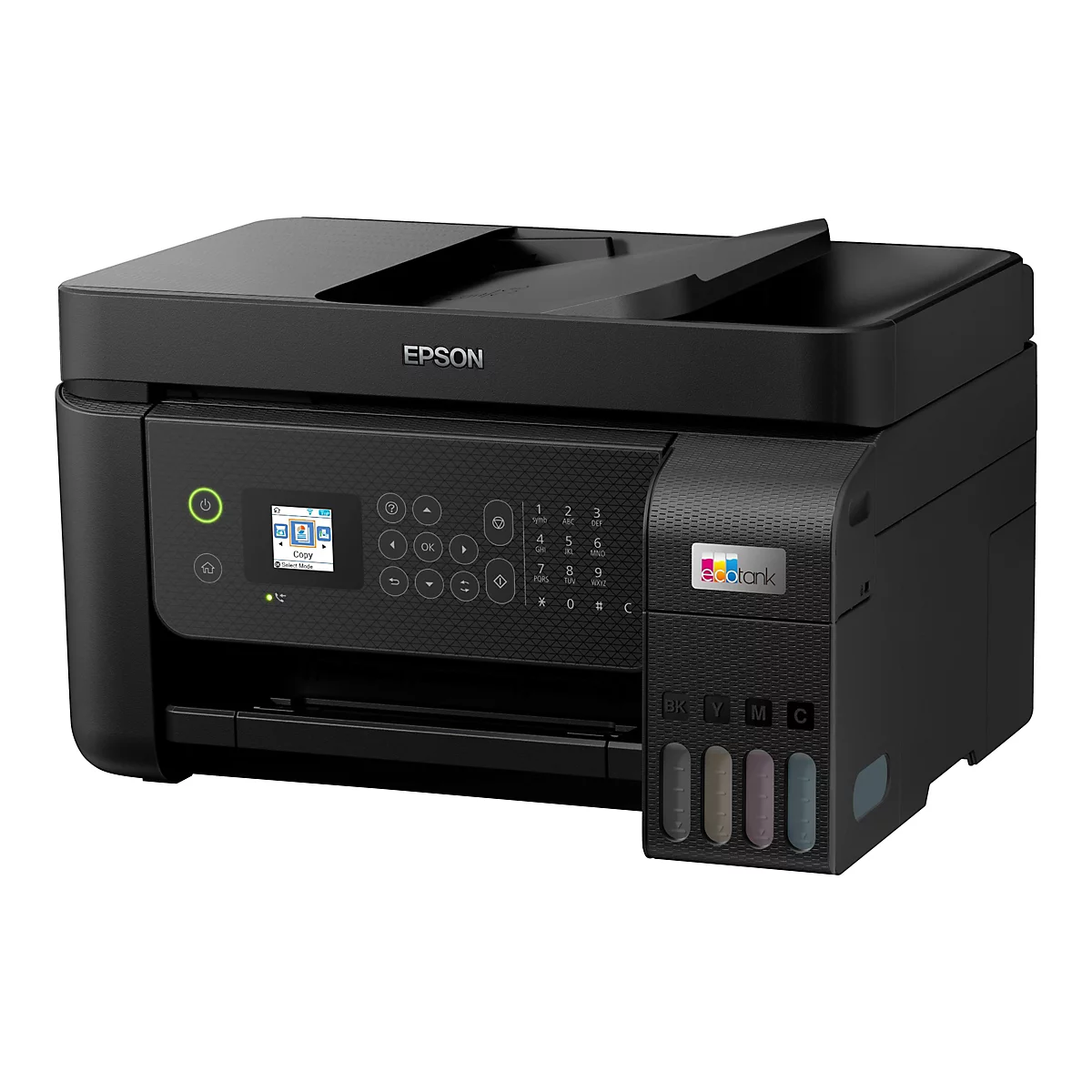 Schwarzer Epson EcoTank Drucker. Sichtbar sind: Bedienfeld, Tasten, Display mit Optionen, Tintenbehälter und das Epson Logo.