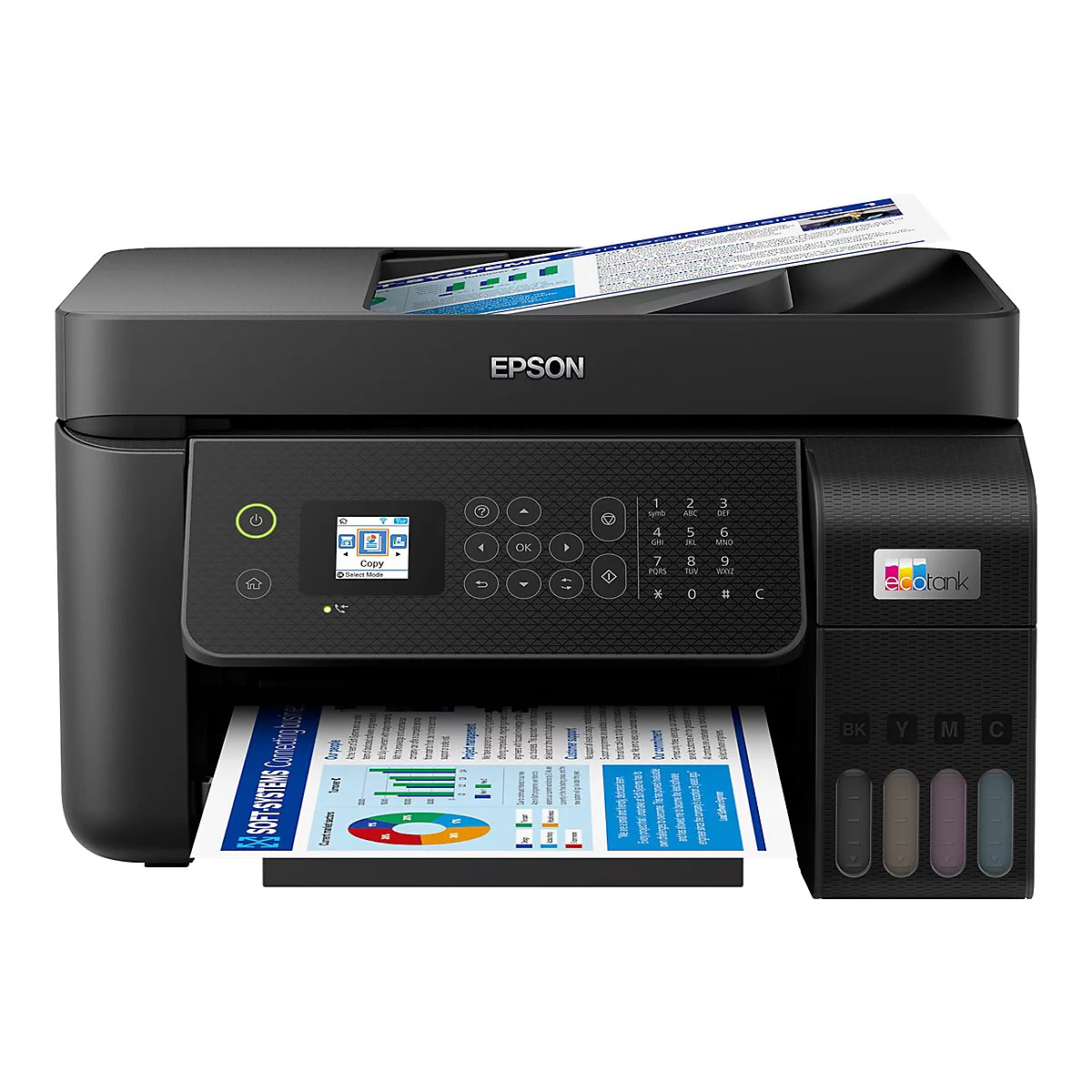 Schwarzer Epson Ecotank-Drucker mit Display, Tintentanks an der Seite und ausgedrucktem Dokument.