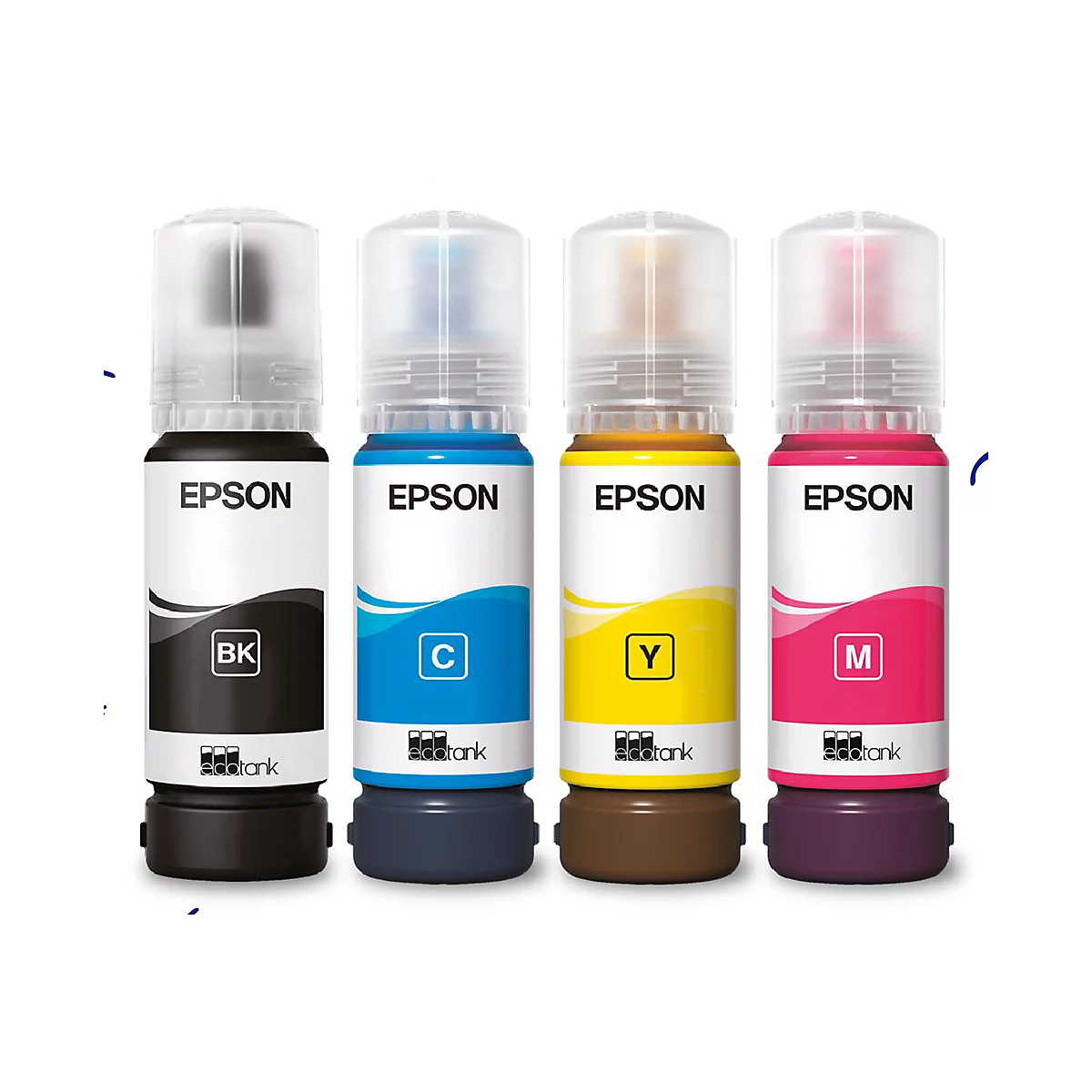 Vier Epson EcoTank Tintenflaschen in Schwarz, Cyan, Gelb und Magenta vor weißem Hintergrund.