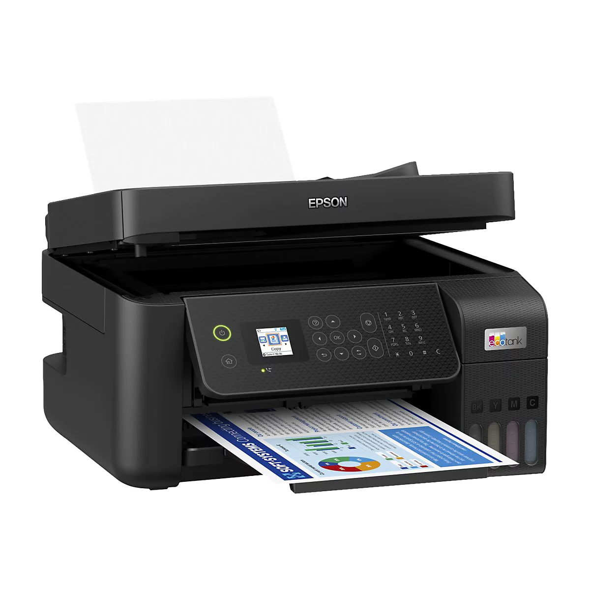 Schwarzer Drucker mit offenem Scanner. Ein Blatt Papier wird bedruckt. Auf dem Display sind Icons zu sehen.