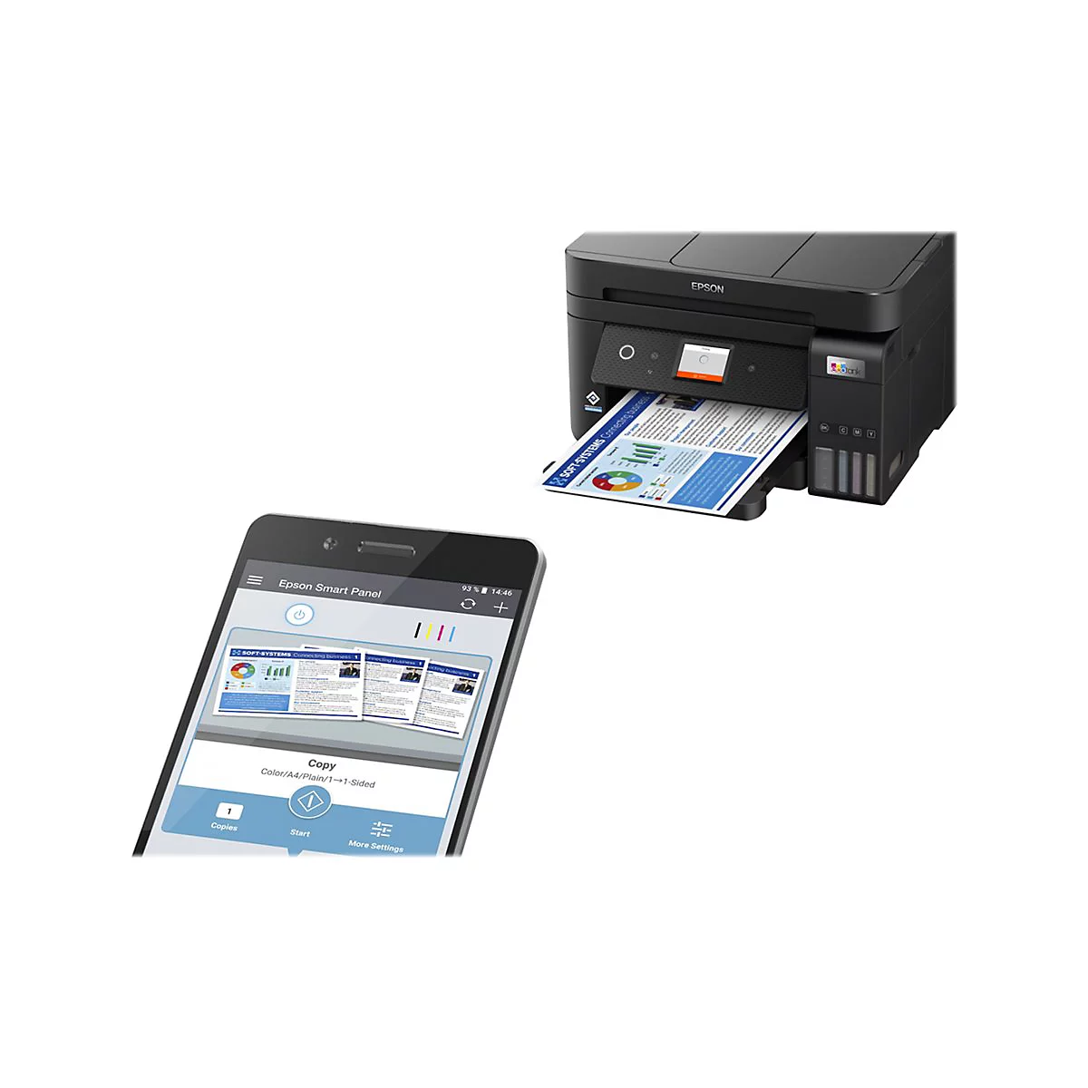 Schwarzer Drucker druckt ein farbiges Dokument. Ein Smartphone zeigt die Epson Smart Panel App.