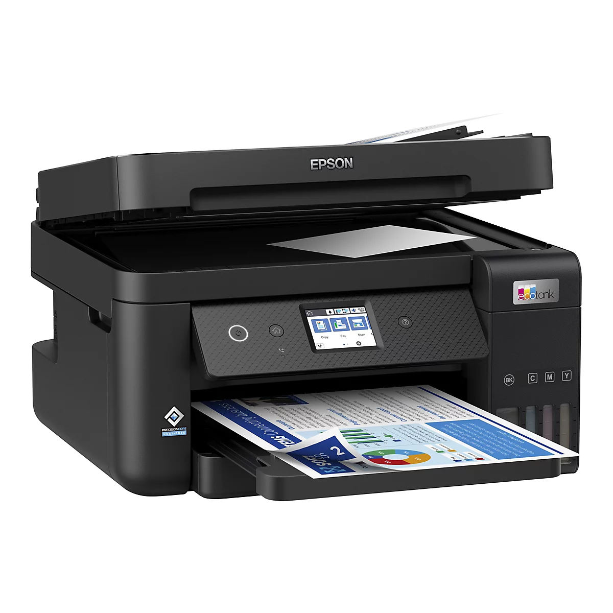Schwarzer Epson EcoTank Multifunktionsdrucker mit offener Scannerabdeckung und bedrucktem Blatt Papier im Ausgabefach.