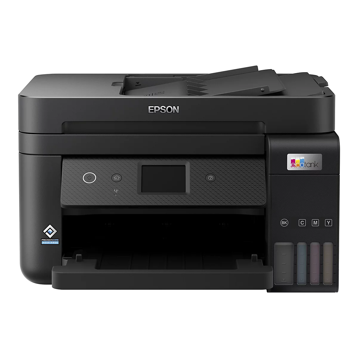 Schwarzer Epson EcoTank Multifunktionsdrucker in der Frontansicht mit Tintentanks.