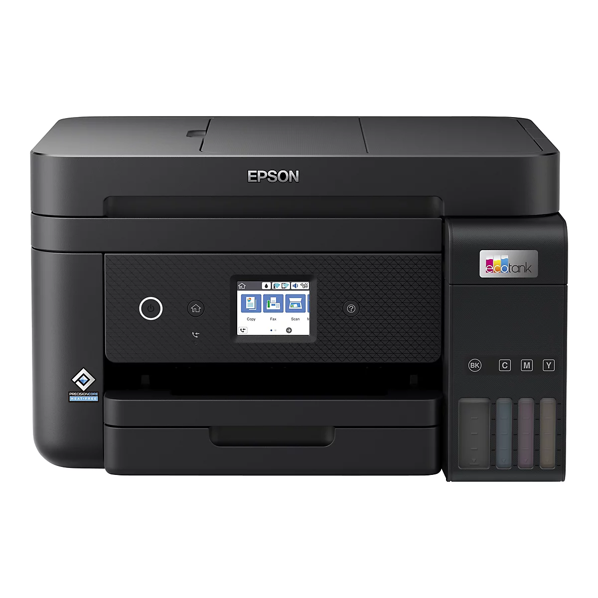 Schwarzer Epson EcoTank Multifunktionsdrucker mit Tintentanks vorne und Touchscreen-Display.