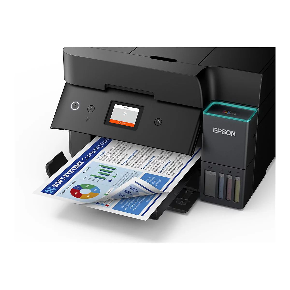 Schwarzer Drucker mit einem ausgedruckten Blatt Papier. Epson Logo auf der Seite. Farbtintenbehälter.