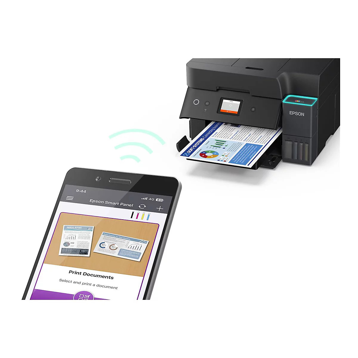 Schwarzer Epson-Drucker druckt ein Dokument, das von einem Smartphone via WLAN ausgewählt wurde. Auf dem Bildschirm ist die App Epson Smart Panel geöffnet.