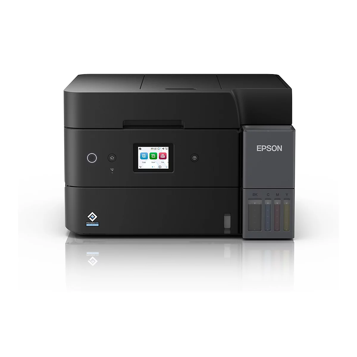 Schwarzer Epson-Drucker mit Farbdisplay und Tintenbehältern. Das Display zeigt Optionen wie Kopieren, Scannen und Faxen. Das Epson-Logo ist deutlich sichtbar.