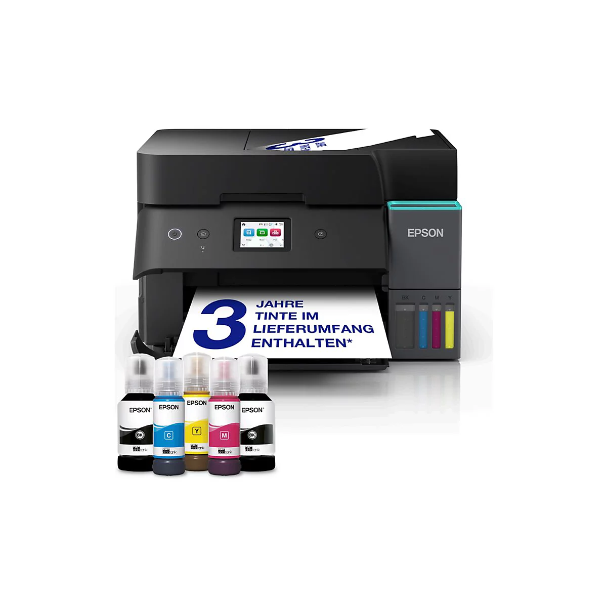 Schwarzer Epson Tintentankdrucker mit Tintenflaschen und Textaufdruck über 3 Jahre enthaltene Tinte.