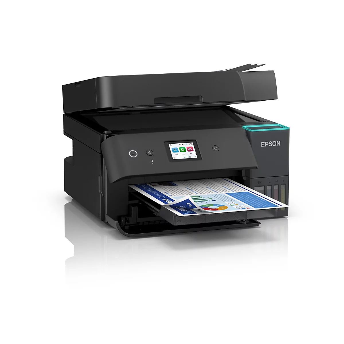 Schwarzer Epson Multifunktionsdrucker mit Tintentanks und einem ausgedruckten Farbdokument im Ausgabefach.