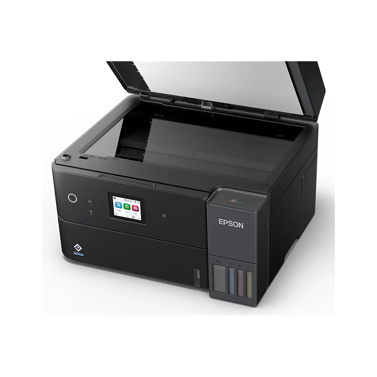 Schwarzer Epson EcoTank-Drucker mit geöffnetem Scannerdeckel, Touchscreen-Display und sichtbaren Tintentanks.